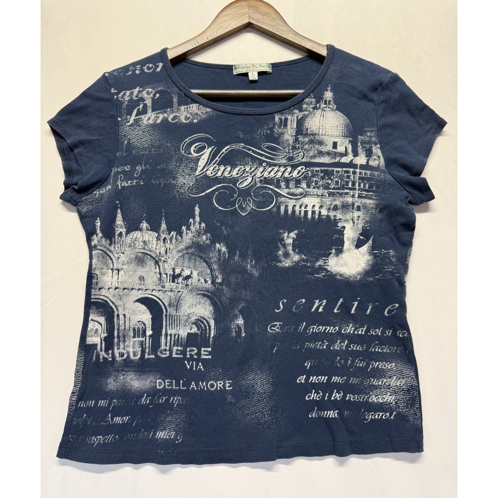 Vintage Suzie T Shirt Womens Large Navy Blue Allover Print Veneziano Round Neck